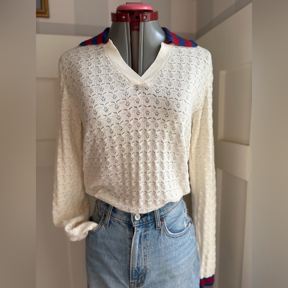 Mango Sweaters - Mango Cream V‑Neck Knit Sweater with Blue & Red Stripe Trim Preppy Small